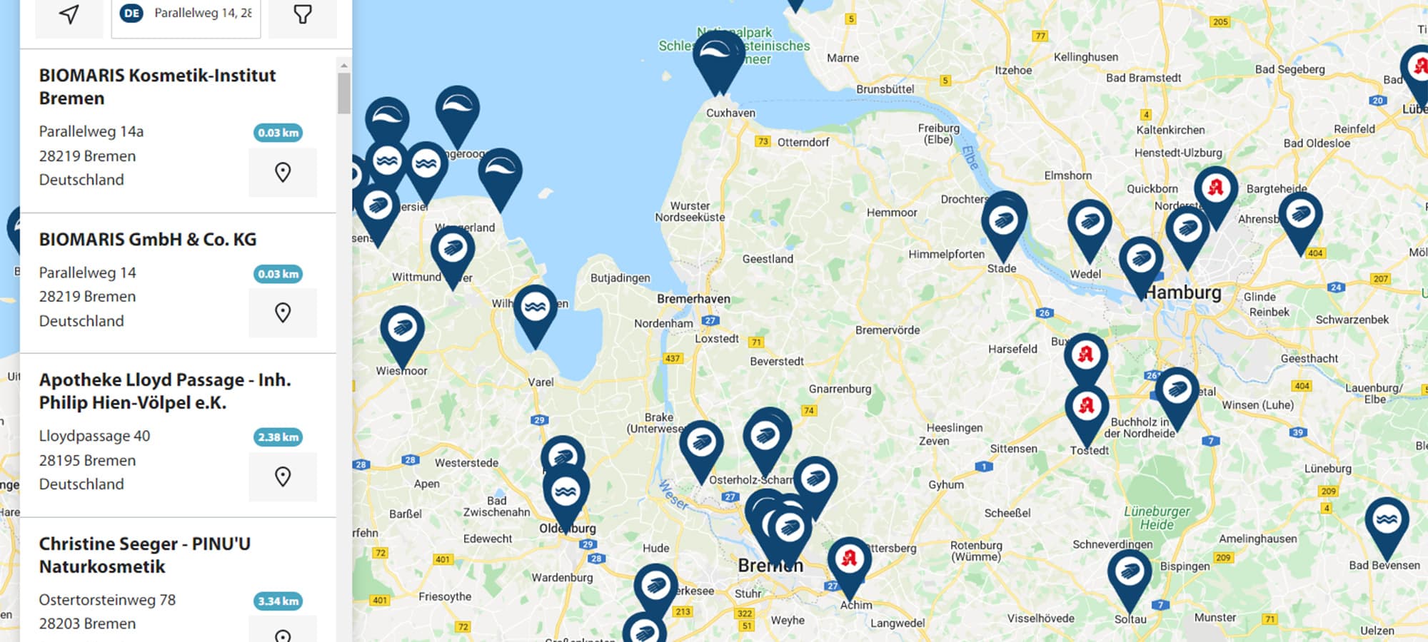 Standortsuche Zur Standortsuche: BIOMARIS Shops, Apotheken und Kosmetik-Institute finden